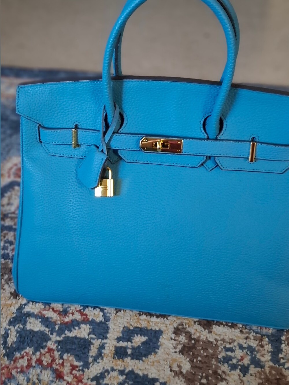 Teal Structured Leather Top-Handle Bag with Gold Hardware - Picture 2 of 9